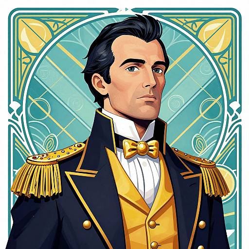 Digital illustration of a handsome, fair-skinned man with black hair, wearing an ornate navy and gold military uniform with epaulettes, against