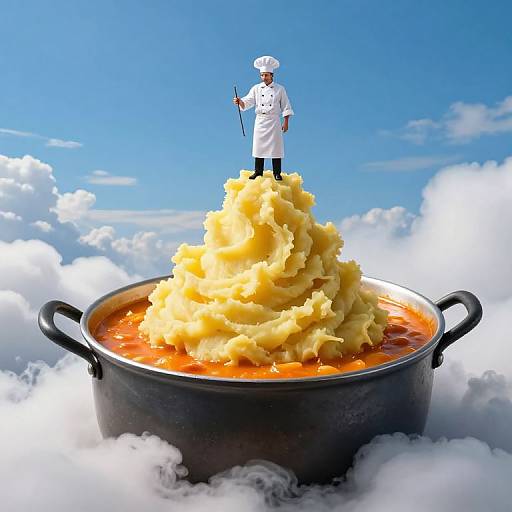 Photograph-like CGI: Chef in white uniform stands atop towering pile of creamy mashed potatoes in black pot, floating in blue sky with fluffy white clouds.