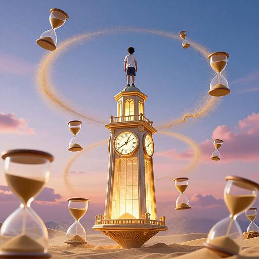 Photograph of a glowing clock tower with a child on top, surrounded by floating hourglasses, set against a pink and blue sunset sky.