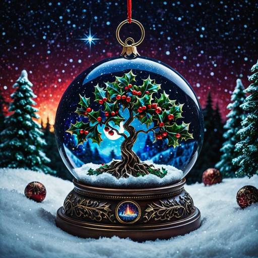 Glowing Holly Tree in Snowy Christmas Snow Globe