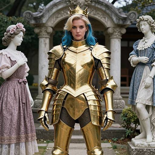 Photograph of a blue-haired woman in golden medieval armor standing between two dressed mannequins, in front of a stone gazebo.