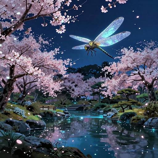 Digital painting of a glowing blue dragonfly amidst pink cherry blossom trees over a luminous, reflective stream at night.