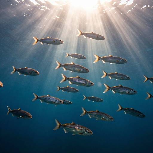 Photograph of a school of silverfish swimming underwater, illuminated by bright sunlight rays filtering through the clear blue ocean.