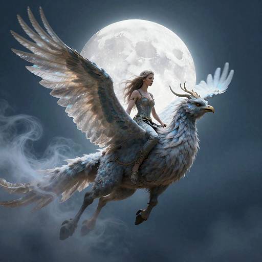 Valkyrie Riding Spectral Phoenix in Moonlight
