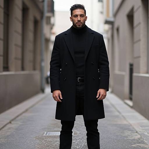 Photograph of a stern, bearded man in a long black coat and black outfit standing in a narrow, urban alleyway.