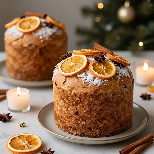 Photograph of two festive, orange-iced, spiced cakes topped with orange slices, cinnamon sticks, and star anise; surrounded by lit candles