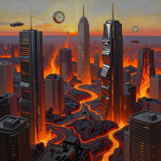 Digital art of a cityscape at sunset, engulfed in fiery lava flows, with glowing rivers winding through skyscrapers, UFOs, and clock