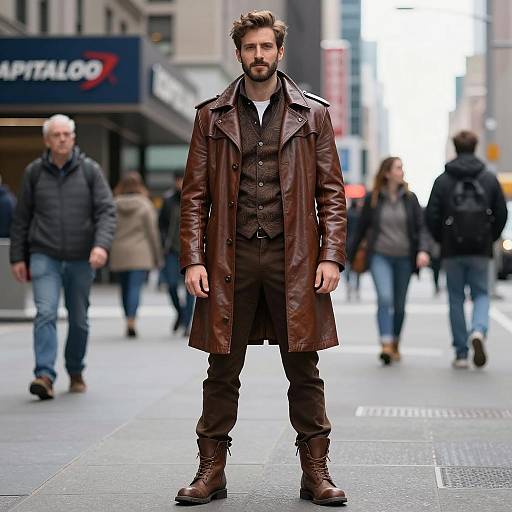 Man in Brown Leather Coat on Urban Street
