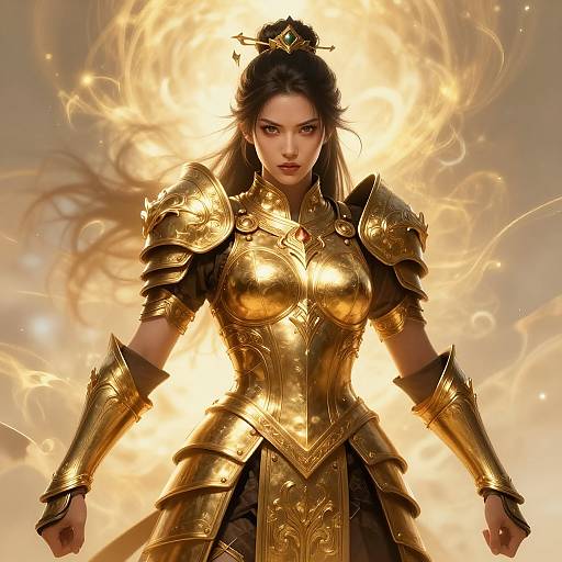 Digital art of a fierce, dark-haired woman in golden, ornate armor, with fiery, ethereal light behind her, exuding power and strength