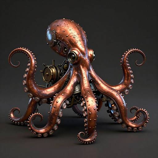 Photorealistic CGI of a copper-colored, steampunk-style octopus with mechanical gears and rivets, set against a dark gradient background.