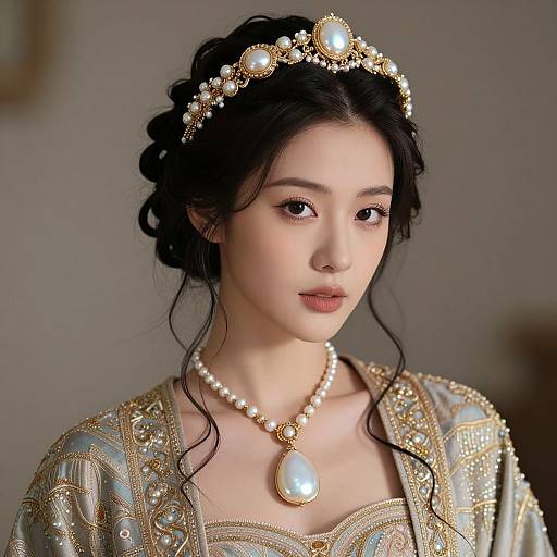 Digital portrait of an East Asian woman with fair skin, black hair in an updo, wearing a pearl and gemstone tiara, necklace, and