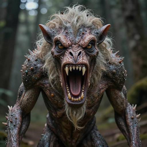Photorealistic CGI of a terrifying, snarling werewolf with sharp teeth, yellow eyes, and spiked skin, in a dark forest.