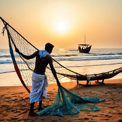 Goan Fisherman Preparing Nets at Sunrise