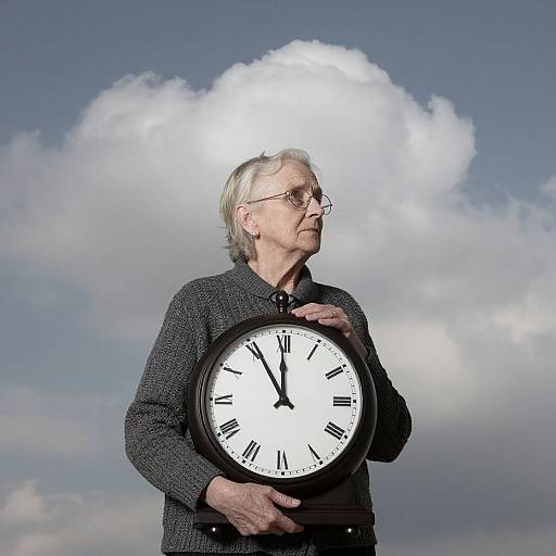 Photograph of elderly white man with gray hair, glasses, and dark sweater holding large clock against bright cloudy sky background.
