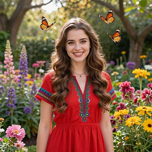 Photograph of a smiling young woman with long brown hair in a red dress with blue embroidery, surrounded by vibrant flowers and three orange butterflies in a sun