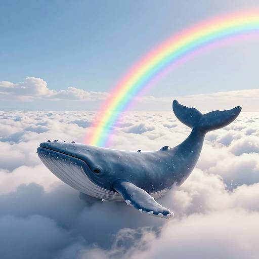 Digital artwork of a large blue whale soaring through a cloud-filled sky with a vibrant rainbow arcing overhead. Whale's detailed texture contrasts with fluffy clouds.