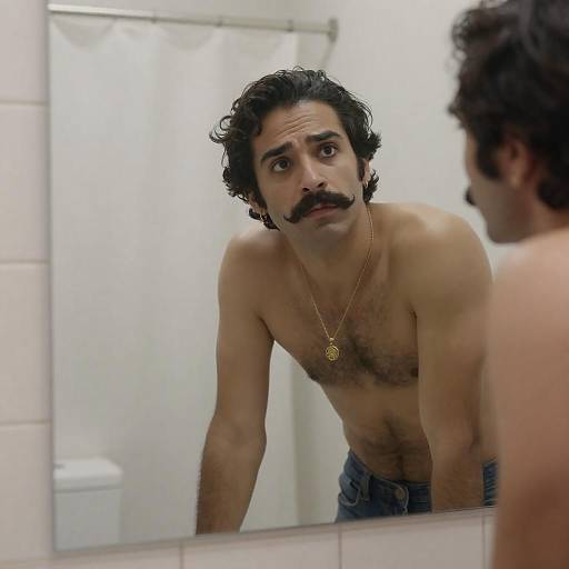 Shirtless Man Leaning on Tiled Mirror