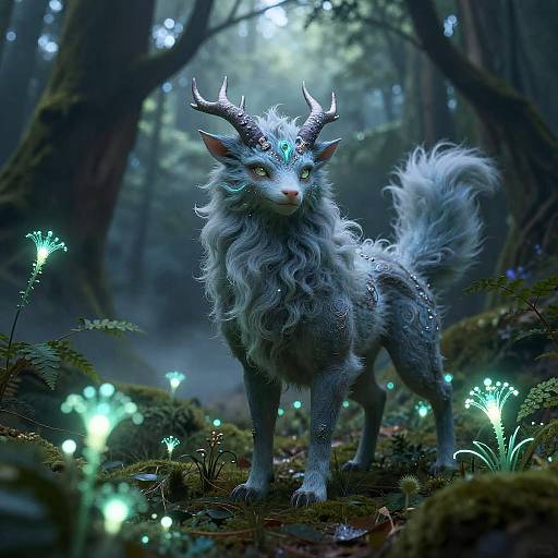 Digital fantasy artwork of a mystical, silver-furred, horned forest creature with glowing blue eyes, surrounded by ethereal blue mushrooms in a misty