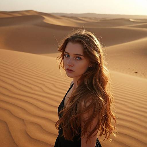 Photograph of a young woman with long, wavy brown hair and fair skin standing in a sunlit, rippled desert landscape. She wears a