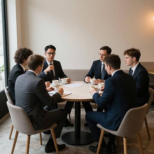 Photograph of six professional men in dark suits, seated around a wooden table in a modern, well-lit office, discussing papers and sipping coffee