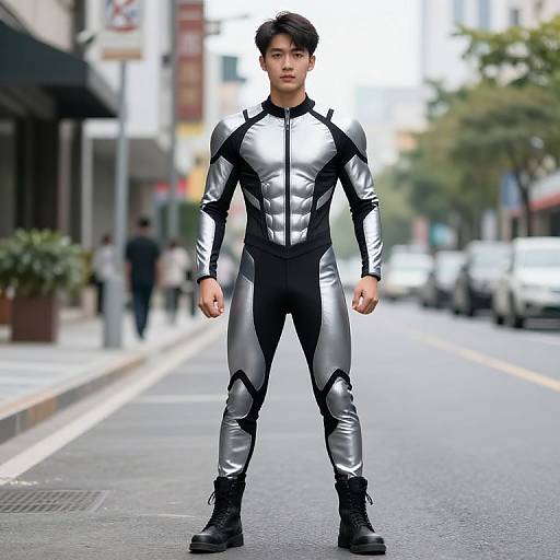 Boy in Muscle Suit on Street