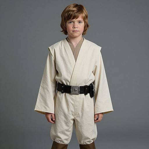 Photograph of a young boy with brown hair, wearing a white Jedi robe and black belt, standing against a plain gray background.