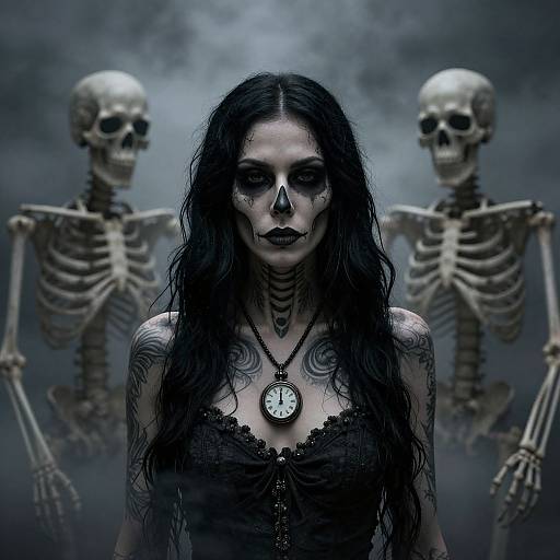 Photograph-style digital art: Pale woman with black, wavy hair, dark makeup, lace top, skeleton pendant, flanked by two skeletal figures