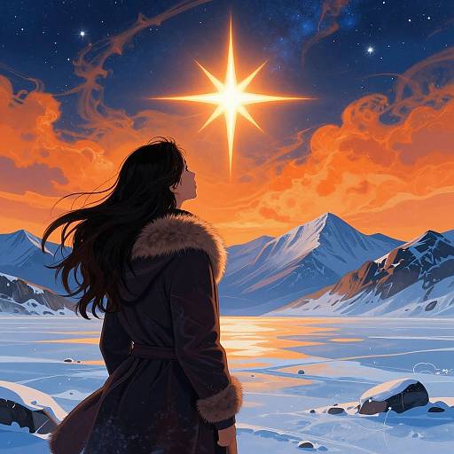 Digital anime-style artwork of a woman with long black hair in a fur-trimmed coat, gazing at a bright star and orange sunset over a
