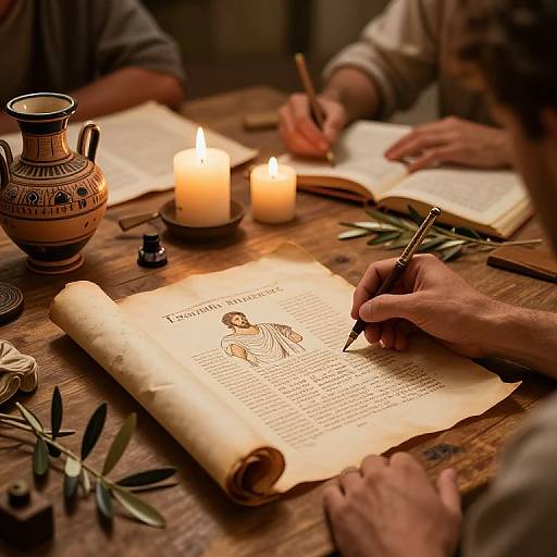 Photograph of two hands writing on aged parchment with illuminated candles, a decorated vase, and olive branches on a wooden table.