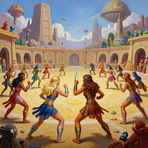 Vibrant fantasy arena battle: armored warriors with swords, colorful skirts, and headbands fight in a circular stone arena with floating buildings and colorful balloons
