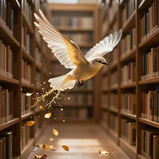 Photograph of a white dove with glowing wings flying between two rows of wooden bookshelves, with falling autumn leaves illuminated by soft light.