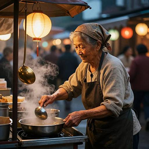 Elderly Fisherwoman at Night Market