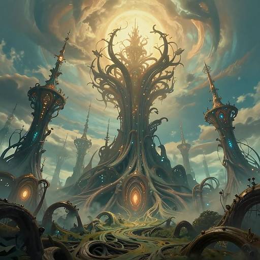 Fantasy digital art of a surreal, sunlit forest with twisted, organic tree structures, glowing orbs, and intricate, bioluminescent towers.