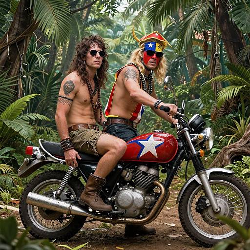 Two Men on Patriotic Motorbike in Jungle