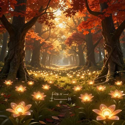 Digital artwork of a magical forest with glowing fairy lights, red autumn leaves, and luminous flowers under a golden sunbeam.