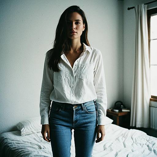 Photograph of a serious young woman with long brown hair, wearing a white button-up shirt and blue jeans, standing in a sunlit bedroom with white