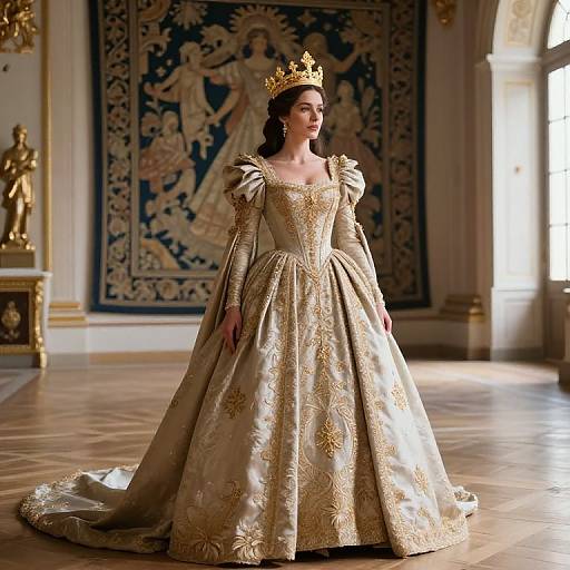 Photograph of a fair-skinned woman with dark hair, wearing an ornate gold crown and elaborate, gold-embroidered, royal ball gown