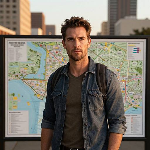 Photograph of a handsome, bearded man with short, tousled dark hair, wearing a denim shirt over a gray t-shirt, standing in front