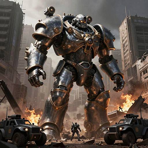 Photorealistic digital artwork of a massive, shiny, metallic robot destroying a city with flames, surrounded by burning debris and military vehicles.