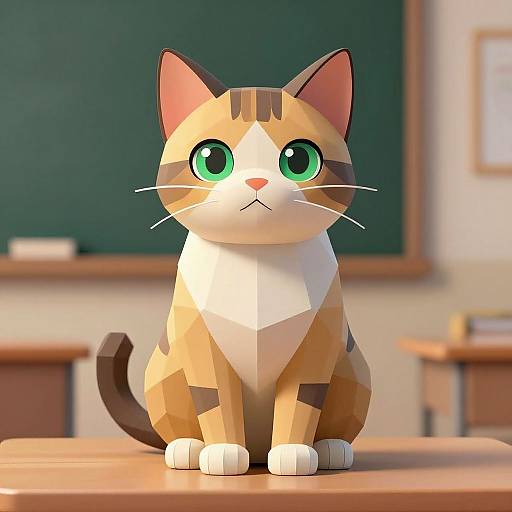 3D CGI cartoon cat with large green eyes, orange and white fur, sitting on a wooden desk in a classroom. Background: dark green chalkboard