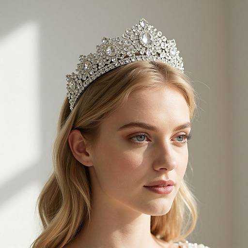 Photograph of a young blonde woman with fair skin, blue eyes, wearing an elaborate, sparkling silver tiara, gazing to the side.