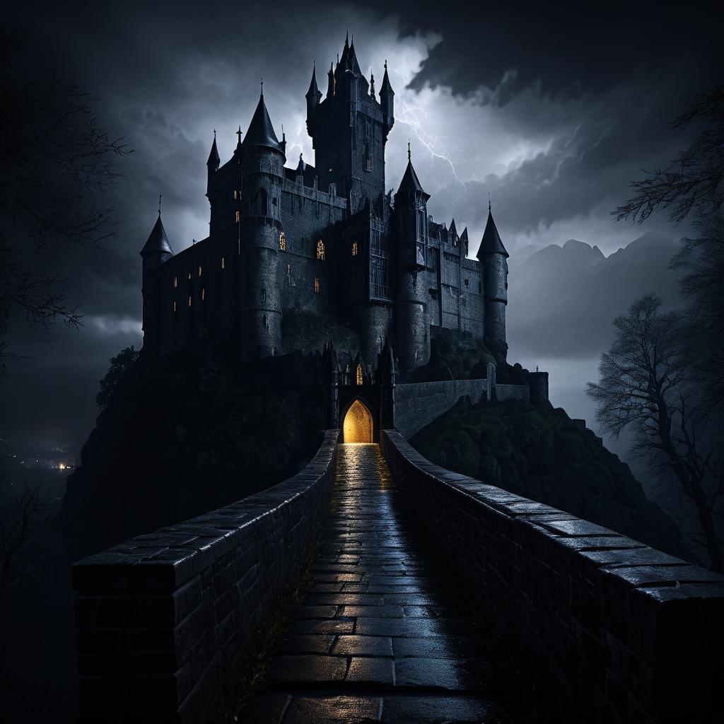 Eerie Knight's Castle in Stormy Night