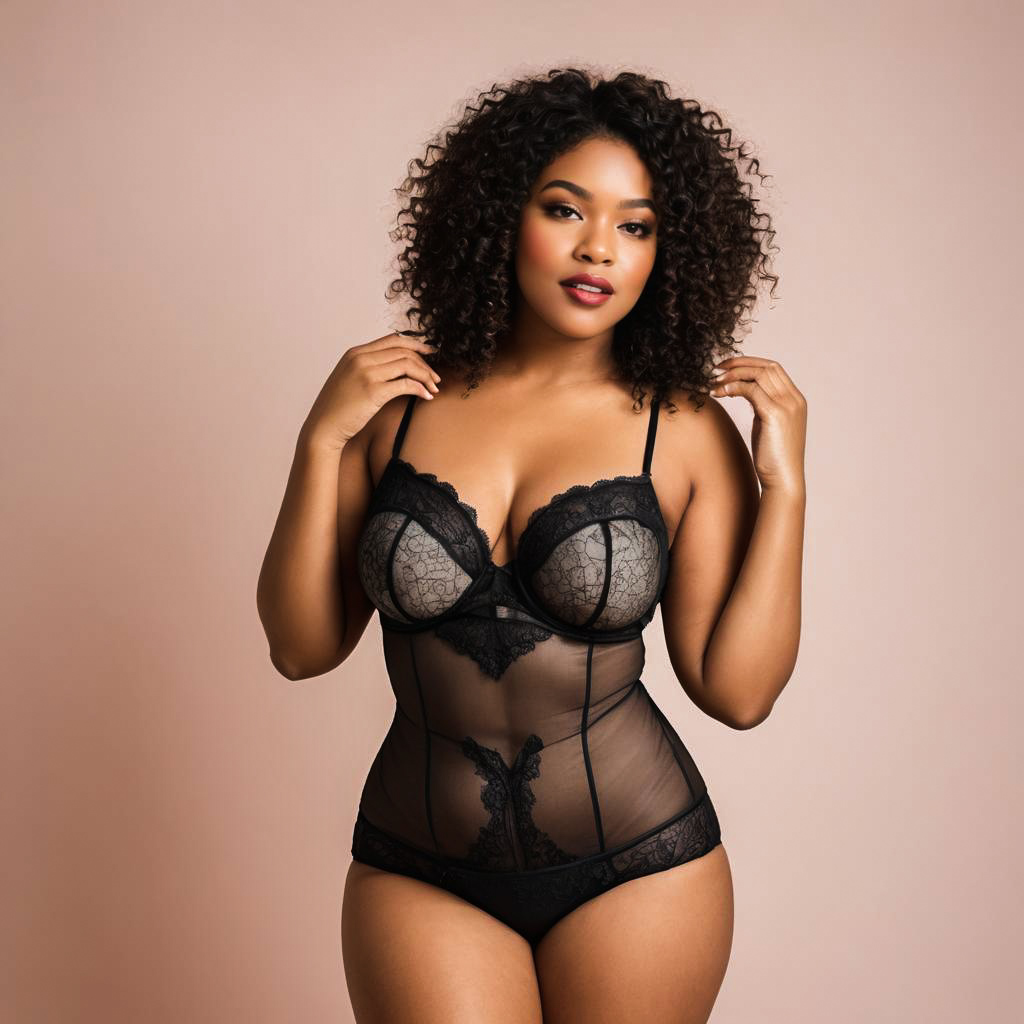 Playful Curvy Lady in Sheer Lingerie