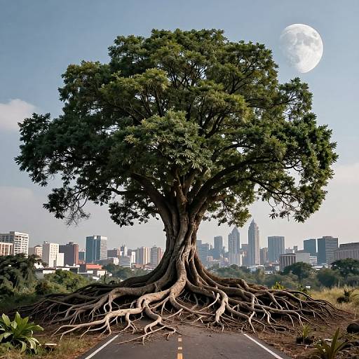 Photograph of a massive tree with sprawling roots, centered on a road, with a city skyline and full moon in the background.