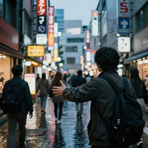 Photograph of a rainy urban street at dusk, with a man in a dark jacket and backpack gesturing forward, surrounded by brightly lit neon signs and