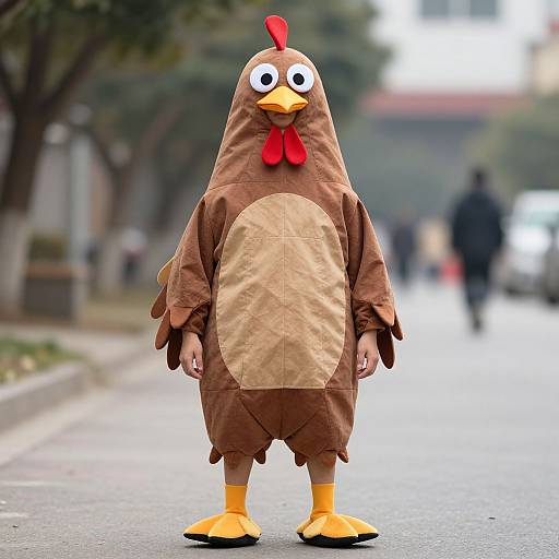 Photograph of a person in a brown chicken costume with red comb, orange beak, and feet, standing on a city street.