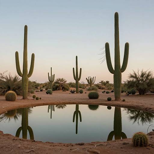 Photograph of a desert landscape with tall cacti, a still water puddle reflecting the cacti, and a clear sky at sunset.
