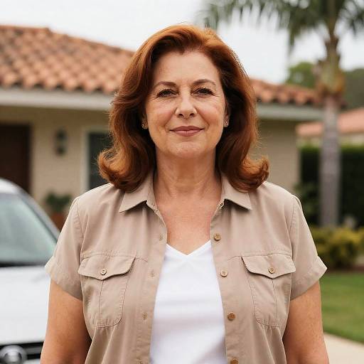 Middle-aged woman with auburn hair outdoors