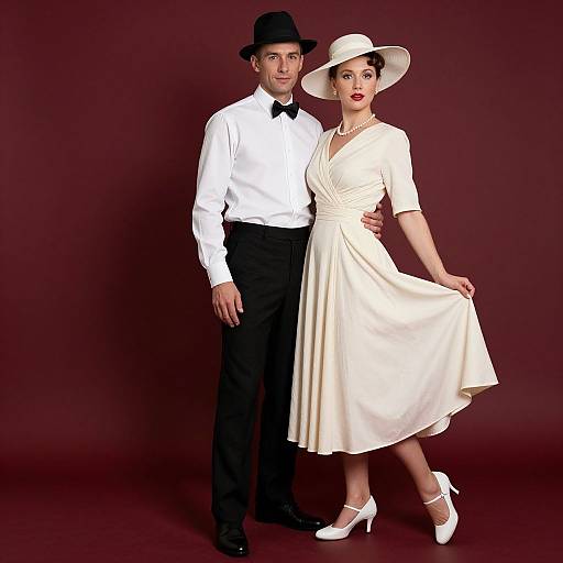 Photograph of a man in a white shirt and black bow tie, black pants, and black hat, standing beside a woman in a white dress,