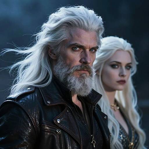 Photograph of a rugged, white-bearded man with long, wild white hair and leather jacket, standing beside a blonde woman with long hair and dark